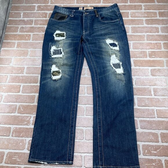 Parish Nation Jeans Men 36 Blue Camo Patch 2006 Stonewash‎ Distressed Bootcut - Picture 1 of 14